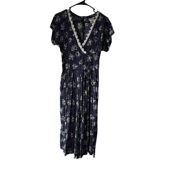 Erika Vintage 90s Floral Cottage V Neck Lace Blue Babydoll Midi Dress - Picture 1 of 10